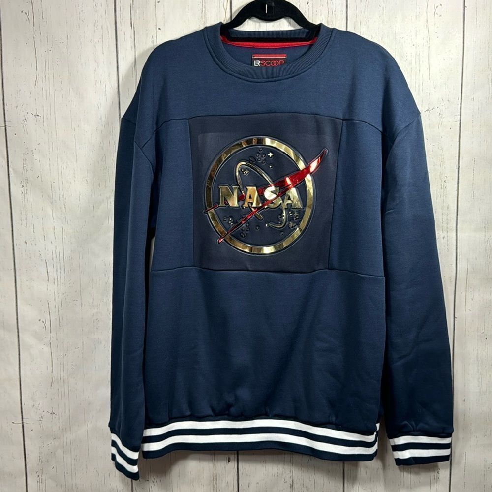 LR Scoop Nasa Varsity Mens Crewneck Blue Casual Long Sleeve Pullover Sweatshirt